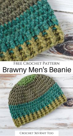 two crocheted beanies with the same color and pattern on them, one is brown