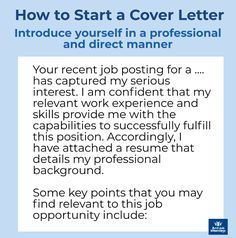 the cover letter for a job interview is shown in blue and white, with an image of