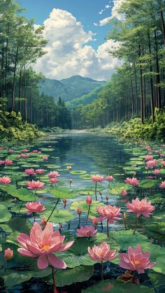 a painting of pink water lilies in the middle of a lake with mountains in the background