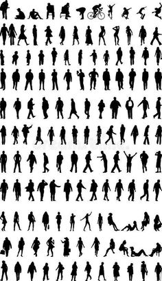 silhouettes of people and children in different poses, all holding umbrellas royalty illustration