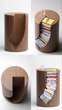 three different views of a book shelf with magazines in the bottom and on the bottom