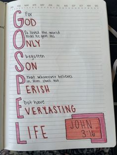 an open bible with the words god only son perish, everlasting, and john 3 16