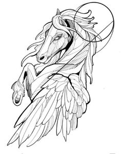 a drawing of a horse's head with wings