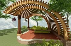 an artistic rendering of a wooden pergolated area with green couches and trees