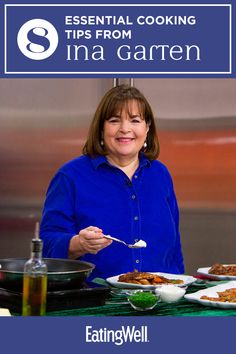 a woman holding a spoon in front of plates of food on a table with the words essential cooking tips from ina carriere