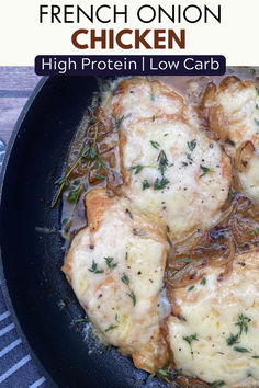 halved chicken breasts in a rich onion pan sauce and topped with melted cheese