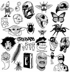 various black and white drawings of different characters