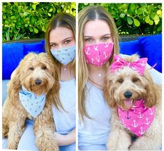 two pictures of a woman and her dog wearing face coverings with anchors on them