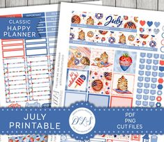 the july printable planner stickers are available in three different colors and sizes, including blue