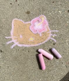 some crayons are laying on the ground next to a drawing of a cat