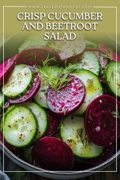 a bowl filled with sliced up vegetables on top of a wooden table and text overlay reads crisp cucumber and beetroot salad