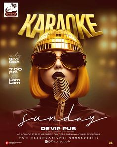 karaoke flyer with a woman wearing sunglasses and holding a microphone in front of her face