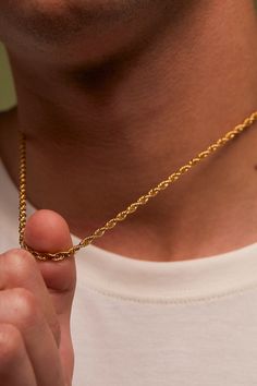 A simple chain which looks good on its own or layered with other necklaces. Our PVD gold-plated Rope Chain Necklace is crafted with interspersing rope-shaped links, making it a stylish and modern piece.Read more about our care guidelines here. Details The chain measures 50cm. Neck Chains Gold Simple, Mens Rope Chain, Mens Gold Necklace, Neck Chain For Men, Rope Chain Gold, Gold Neck Chain, Chain Necklace For Men, Necklace Stack