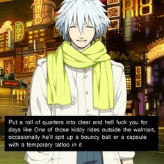 an anime character with white hair and green scarf in front of a cityscape