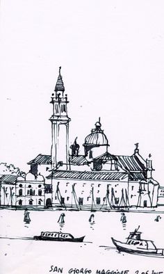 an ink drawing of a building with a clock tower in the background and boats on the water