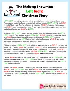 the melting snowman left right christmas story is shown in this page, with an image of