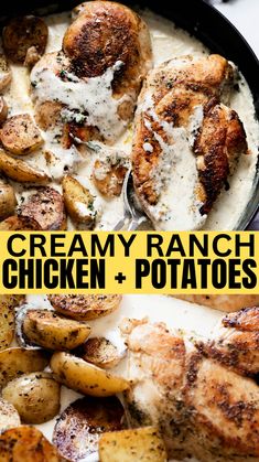 creamy ranch chicken and potatoes in a cast iron skillet with the title overlay