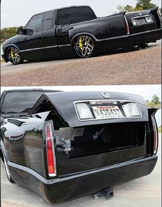 two pictures of the back end of a black truck