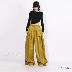 Lasaky - Modish Wide-leg Trousers with Pleated Panel, Zipper Pockets, Streamlined Fit, and Casual Length Denim Street Style, Golden Yellow, Cut Design, Straight Cut, Olivia Mark, Wide Leg Trousers, Leg Pants, Wide Leg Pants, Casual Style