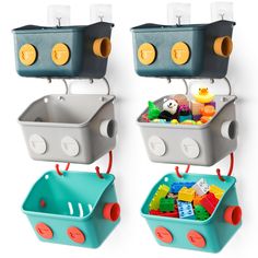 two toy storage bins with toys in them hanging from hooks on the side of wall