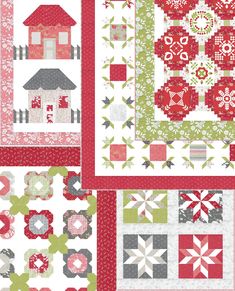 four different quilts with red and green designs on them, one in the center