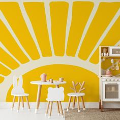 a room with yellow and white wallpaper, two chairs and a small table in front of it