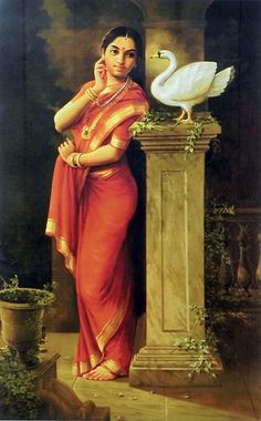 a painting of a woman standing next to a swan