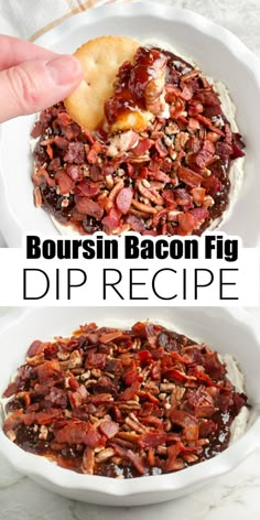 bacon and cheese dip recipe in a white bowl with text overlay that reads, bourbon bacon fig dip recipe