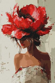 a painting of a woman with red flowers on her head