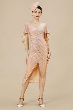 Shop 1920s Dresses - Mermaid Shimmer Cocktail Dress | BABEYOND Pink 1920s Dress, Summer Knee-length Gatsby Flapper Dress, Pink 1920's Dress, 1920s Fitted Beaded Dress, Elegant Knee Length Dresses, Gatsby Dresses, Vintage V-neck Flapper Dress For Evening, 1920s Dresses, Great Gatsby Dresses