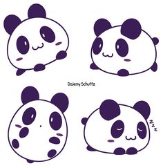 four pandas with different facial expressions on their faces and body, all in purple