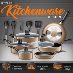 an advertisement for the stylish kitchenware design contest with pots, pans and utensils