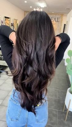 Medium Layered Hair V Shape, Long Hair With Short Layers Straight, Layered Black Long Hair, Long Black Hair With Long Layers, Vcut Layered Cut, Long Layer Dark Brown Hair, Dark Hair Lots Of Layers, V Shape With Layers, Layers For Black Hair