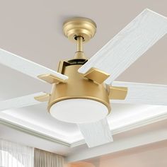 a ceiling fan with two white blades and a light fixture in the middle of it