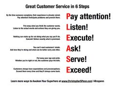 a poster with the words great customer service in 8 steps and pay attention listen execute ask