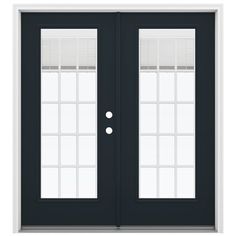 a black double door with white glass