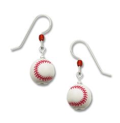 a pair of baseball earrings with red bead and silver earwires on a white background