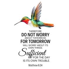 a colorful hummingbird flying through the air with a bible verse below it that reads, do not worry about tomorrow for tomorrow