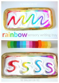 two rainbow writing trays with the words mmmm and miss written in white frosting