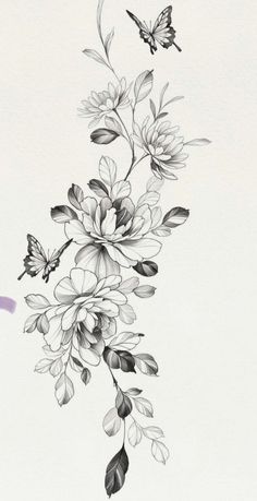 a black and white drawing of flowers with two butterflies flying over them on a white background