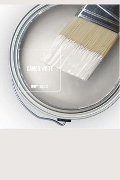 a paint can with a brush in it and the words cameo white above it