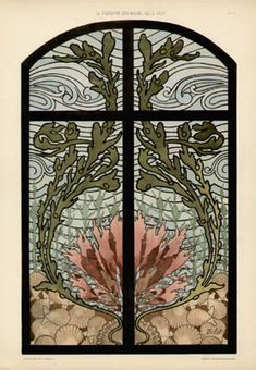 an image of a stained glass window with flowers and plants in the center, as well as shells