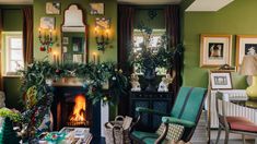 a living room filled with furniture and a fire place in front of a fireplace covered in christmas decorations