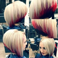 Reverse Long Bob Haircut, Red Blonde Color Block, Red And Blonde Hair Color Peekaboo Bob Hairstyles, Red And Blond Color Block, Professional Hair Color Chart, Red Angled Bob, Drastic Angled Bob, Unique Hair Cuts