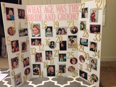 a white and gold photo frame with pictures on it that says what age was the bride and groom?