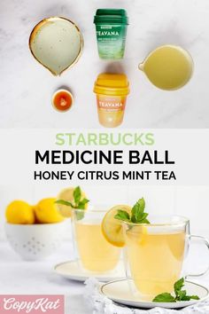 the ingredients to make starbuck's medicine ball honey citrus mint tea are shown