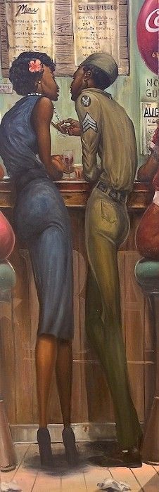 a painting of two women sitting at a bar