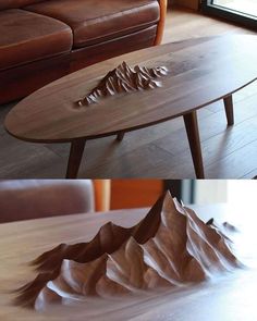 two pictures of a coffee table made out of wood and some mountains on the top