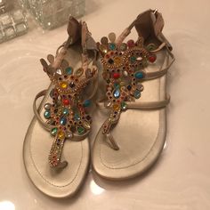 These Are Never Worn Colorful Sandals From Pakistan Synthetic T-strap Sandals For Summer Party, Casual T-strap Sandals With Flat Heel For Party, Casual Flat Heel T-strap Sandals For Party, Toe Post Sandals For Beach Party, Toe Post Sandals For Party And Beach Season, Summer T-strap Sandals For Beach Party, Summer T-strap Sandals For Beach Season Parties, Closed Toe Sandals For Beach Party, Flat Heel T-strap Sandals For Spring Party