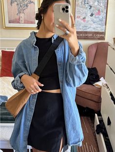 Outfits With Jean Button Up Shirt, Mid Size Graduation Outfit, Saturday Farmers Market Outfit, Black Skirt Outfit Spring Casual, Petite Midsize Fall Outfits, Vintage Jean Shirt Outfit, Mountain Weekend Outfit Summer, Philly Outfits Spring, Casual Bridal Shower Outfit For Bride Jeans